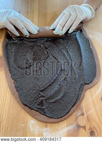 Preparing And Making Sweet Homemade Chocolate Babka Bread Cake. Cozonac Swirl Sourdough Brioche.