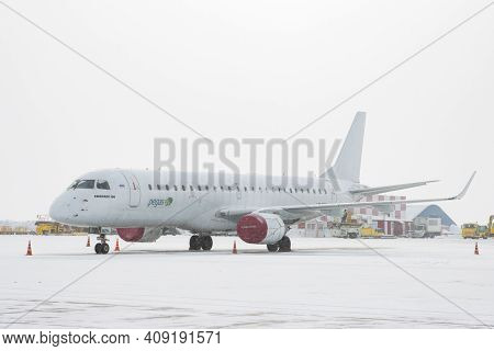 10-02-2021 Kazan, Russia, Kazan International Airport: Pegas Gly Campaign Plane At The Airfield In W