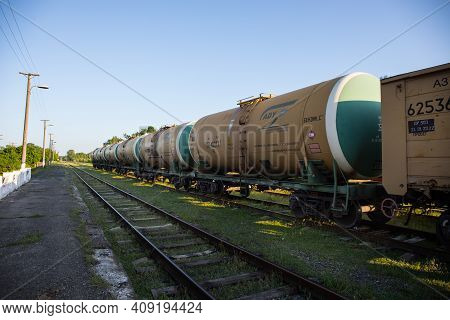 Zagatala. Azerbaijan - 18.05.2020 - Old Soviet Steam Locomotive In Abandoned Railway Station. Summer