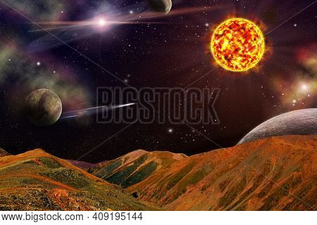 Fantastic View From The Red Earth To Space And Planets. Solar Activity, Destruction Of The Azone Lay