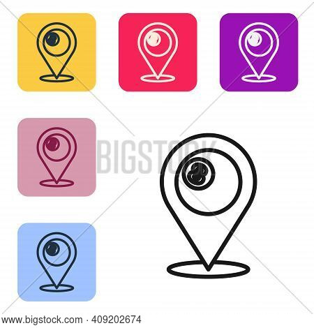 Black Line Map Pointer With Billiard Pool Snooker Ball With Number 8 Icon Isolated On White Backgrou