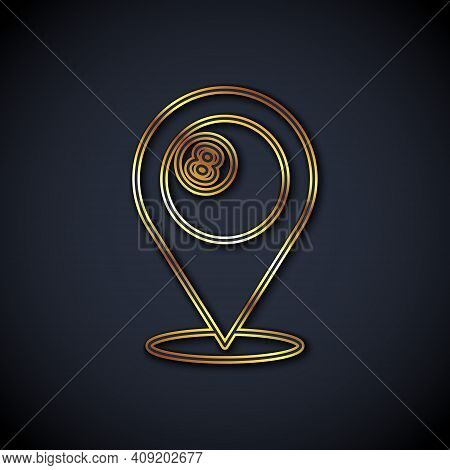 Gold Line Map Pointer With Billiard Pool Snooker Ball With Number 8 Icon Isolated On Black Backgroun