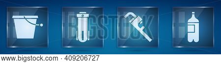 Set Bucket, Water Filter, Pipe Adjustable Wrench And Bottle Of Water. Square Glass Panels. Vector