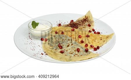 Kutaba Pastries With Different Fillings And Sauce On White Round Plate Isolated On White Background