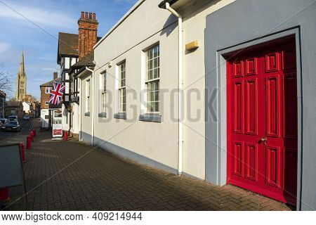 Grantham, England - February 9, 2021. Red Door On  Castlegate Street.