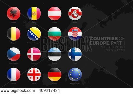 European Countries Flags Vector 3d Glossy Icons Set Isolated On Black Background Part 1. Official Na