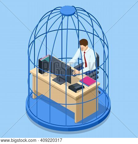 Isometric Business Man Working At Desk Trapped Inside Birdcage. Stress At Work. Overworked Business 