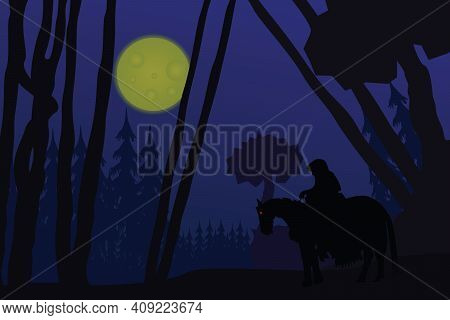 Flat Illustration Of A Black Rider In The Moonlight Riding Through A Forest Bringing Evil