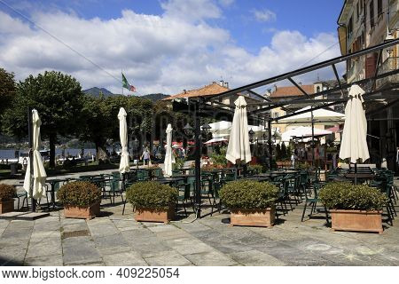 Orta San Giulio (no), Italy - September 02, 2019: Piazza Motta In Orta San Giulio, Orta, Novara, Pie