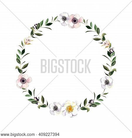 Wreath With Flowers, Leaves, Herbs On White Background. Watercolor Illustration