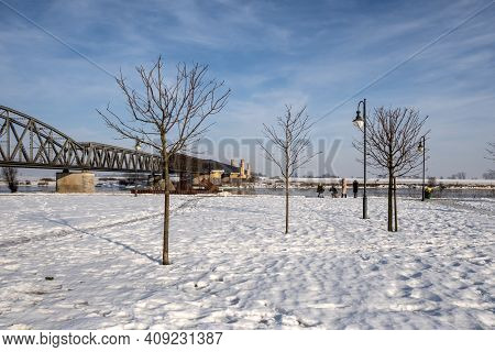 Tczew, Poland - February 21, 2021: Winter Landscape By The Vistula River In Tczew.