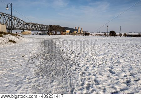 Tczew, Poland - February 21, 2021: Winter Landscape By The Vistula River In Tczew.