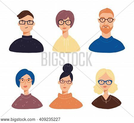 Set Of Young People Charactar Avatars With Different Hair, Clothes, Glasses. People Have Smiling Fac