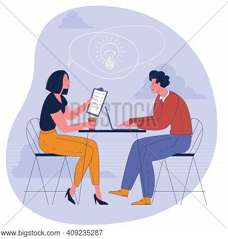 Sharing Business Ideas, Collaboration And Teamwork. People Thinking The Same Idea Concept. Young Man