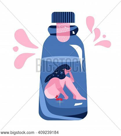Young Woman Is Sitting In Glass Vial With Cork.miscarriage,compelled Forced Abortion.medical Fertili