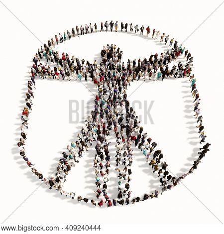 Concept or conceptual large gathering  of people forming an image of the vitruvius man on white background. A 3d illustration metaphor for architecture, renaissance, anthropology and physiology
