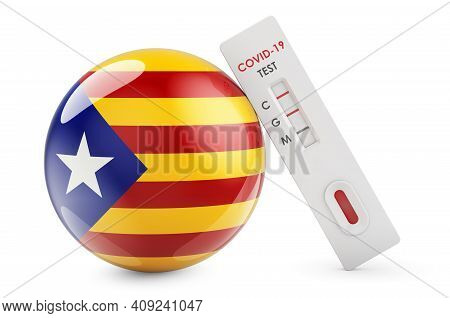 Diagnostic Test For Coronavirus In Catalonia. Antibody Test Covid-19 With Catalan Flag, 3d Rendering