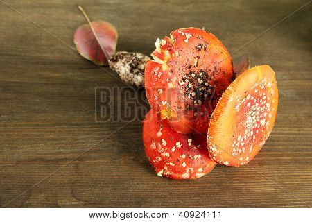 červená amanitas, na dřevěné pozadí