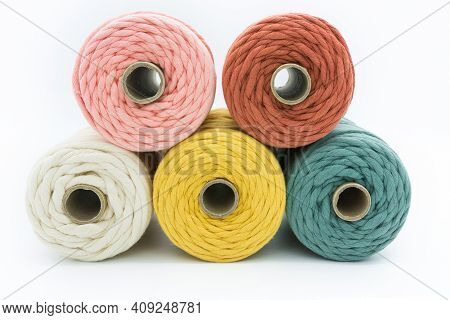 Close-up View Of The Colorful Single Strand Cotton Cords For Macrame Diy Handcraft On White Backgrou