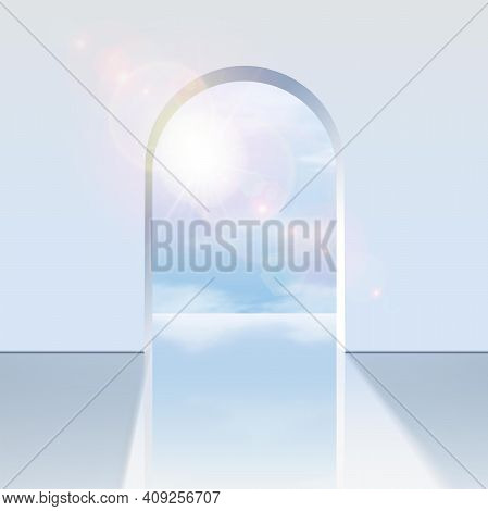 Realistic Vector White Arch With A View On The Blue Sky With Sunlight Reflection.