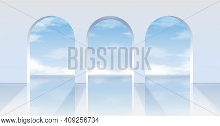 3d Realistic Vector White Arches With A View On The Blue Sky.