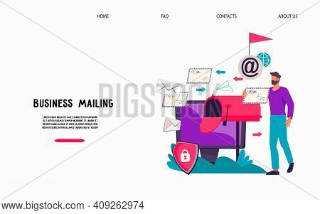 Business Mailing And Email Marketing.web Banner Template With Man Getting Correspondence On His Inbo