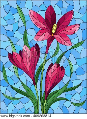 Illustration In Stained Glass Style With Pink Hyacinth Flowers On A Blue Background, Rectangular Ima