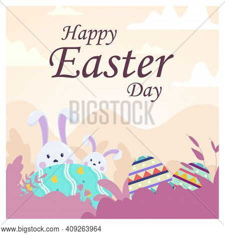 Vector Happy Easter Illustration With Funny Bunny. Spring Nature, Flowers, Ornate Easter Egg. Banner