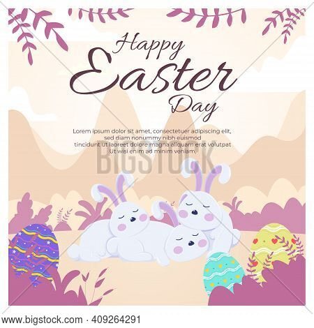 Vector Happy Easter Illustration With Funny Bunny. Spring Nature, Flowers, Ornate Easter Egg. Banner