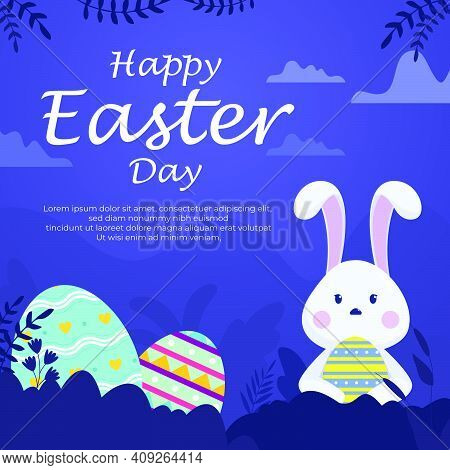 Vector Happy Easter Illustration With Funny Bunny. Spring Nature, Flowers, Ornate Easter Egg. Banner