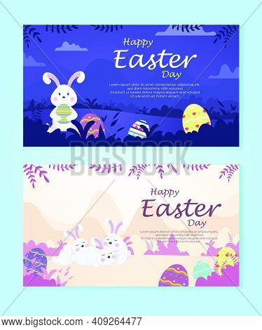 Bundle Vector Happy Easter Illustration With Funny Bunny. Spring Nature, Flowers, Ornate Easter Egg.