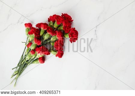 Beaytiful Carnation Flowers On Marble Background. Top View