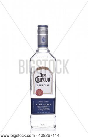 IRVINE, CALIFORNIA - MAY 23, 2018: A bottle of Jose Cuervo Blue Agave Silver Tequila. Cuervo is one of the most popular tequilas in the world.  