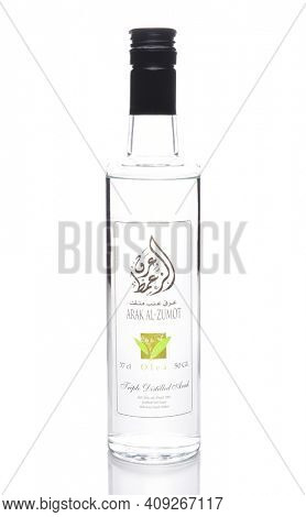 IRVINE, CALIFORNIA - JULY 10, 2017: a Bottle of Arak Al-Zumot. Arak (Arabic) is a levantine alcoholic spirit, a clear, colorless, unsweetened anise-flavored distilled alcoholic drink.