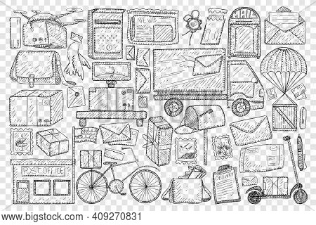 Post Office And Sending Letters Doodle Set. Collection Of Hand Drawn Post Office And Box Truck For D