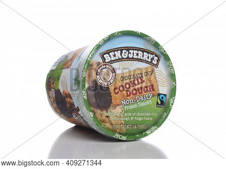 IRVINE, CALIFORNIA - 12 NOV 2020: A carton of Ben and Jerrys Cookie Dough Non-Dairy Frozen Dessert, on its side.