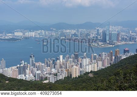 Aerial View Of Downtown District Of Hong Kong City