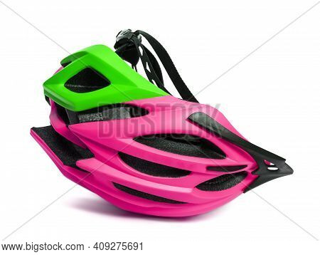 Female Multicolor Bicycle Helmet Upside Down. Isolated On White Background With Shadow