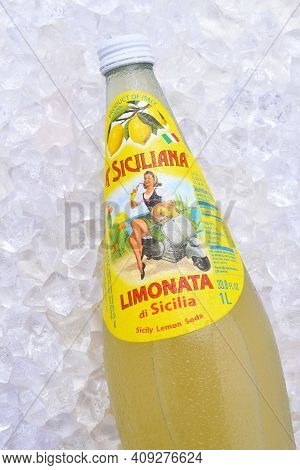 IRVINE, CALIFORNIA - DEC 10, 2018: Closeup of a  bottle of A Siciliana Limonata, a carbonated lemon soda from Italy.
