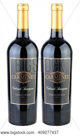 IRVINE, CA - January 05, 2014: Two bottles of Carmenet Reserve Cabernet Sauvignon 2011. Carmenet Vineyards is an award winning winery in Sonoma, Cslifornia.