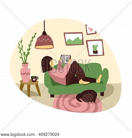 Young Woman Is Reading E-book In Living Room. Flat Illustration. Girl At Home With Book. Female Sit 