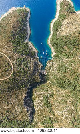Aerial Overhead Drone Shot Of Stiniva Covert Cove Beach In Adriatic Sea On Vis Island In Croatia In 