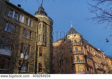 Fragments Of The Facade. Ancient Buildings. Scandinavian Architecture. Helsinki, Finland. High Quali