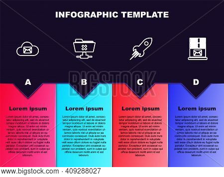Set Line Cloud Mail Server, Ftp Cancel Operation, Rocket Ship With Fire And Mail. Business Infograph
