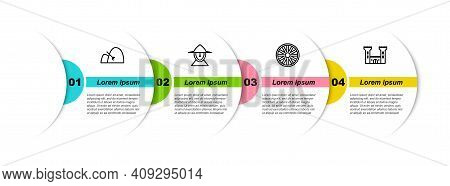 Set Line Bale Of Hay And Rake, Medieval Iron Helmet, Old Wooden Wheel And Castle. Business Infograph