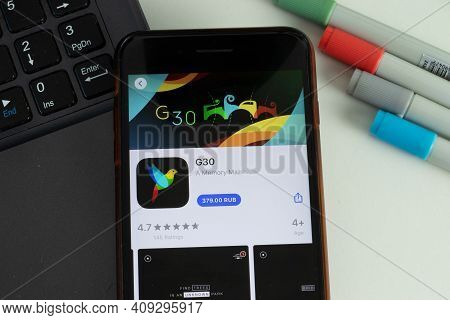 New York, Usa - 17 February 2021: G30 Mobile App Icon On Phone Screen, Illustrative Editorial