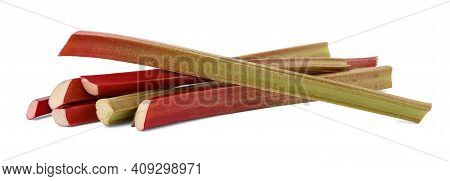 Bundle Of Thick Reddish Stalks Of Rhubarb (rheum Rhaponticum) Without Leaves Isolated On White Backg