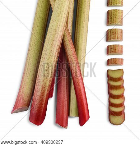 Bundle Of Thick Reddish Stalks Of Rhubarb (rheum Rhaponticum) Without Leaves And Cut Pieces Isolated