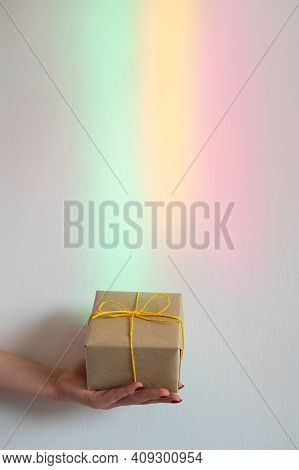 Gift Box. Fast Delivery. Online Shopping. Holiday Celebration. Female Hand Holding Wrapped Present T