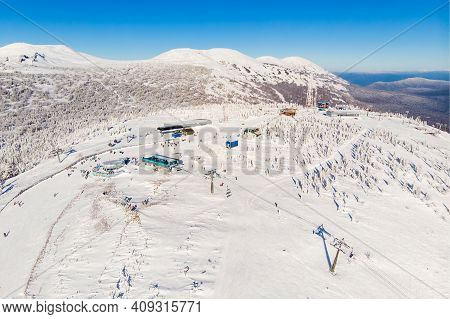 Sheregesh Ski Lift Resort In Winter, Landscape On Mountain And Hotels, Aerial Top View Kemerovo Regi